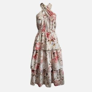 Express Cream and Pink Floral Midi Dress